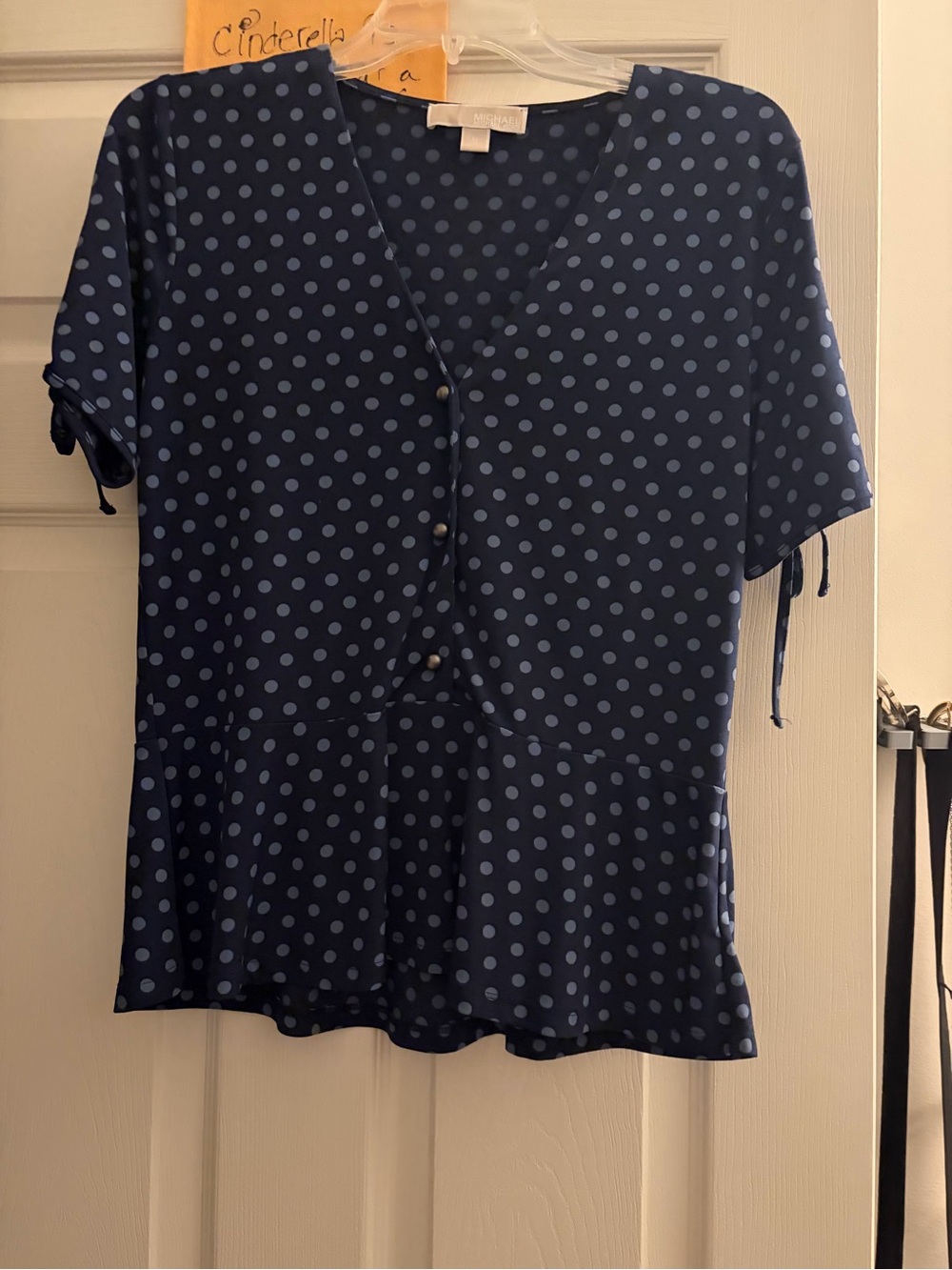 Michael Kors Navy Polka Dot V-Neck Peplum Blouse